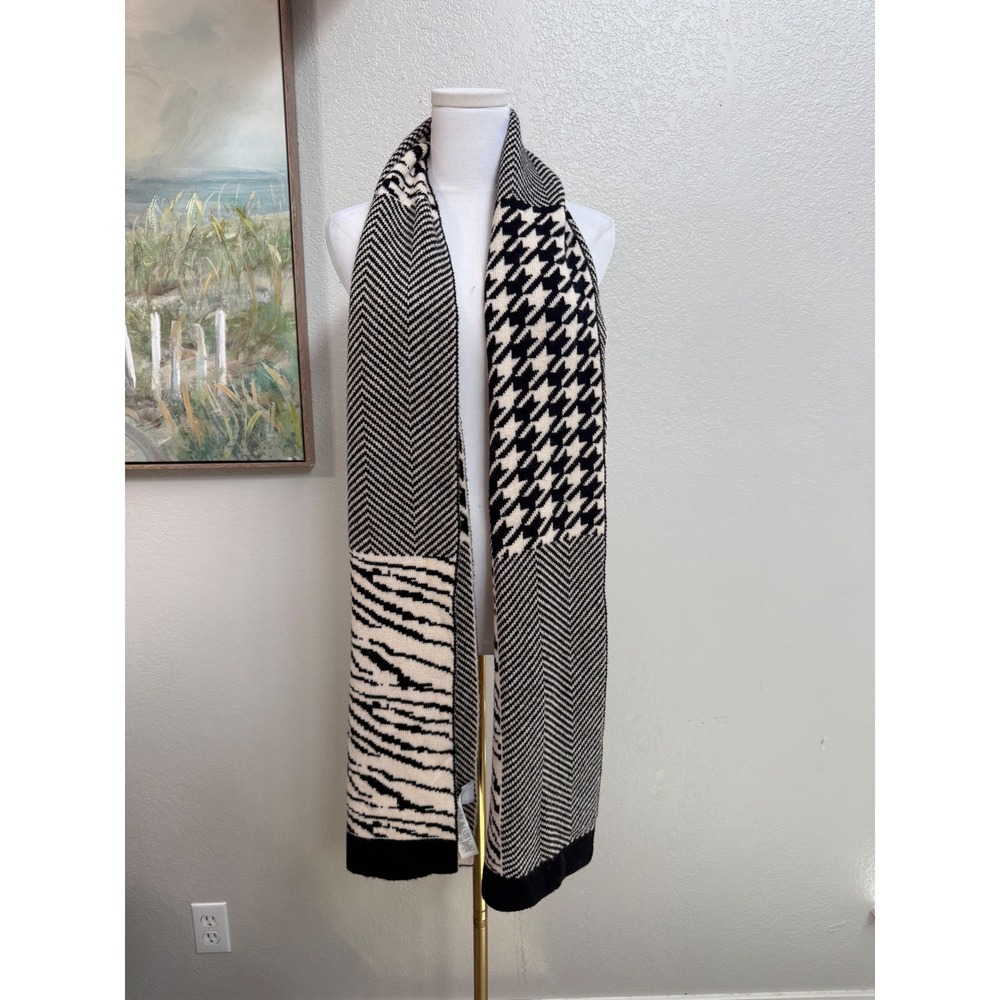 Chicos Mixed Print Knit Scarf Black Cream Houndstooth Chevron Zebra One Size